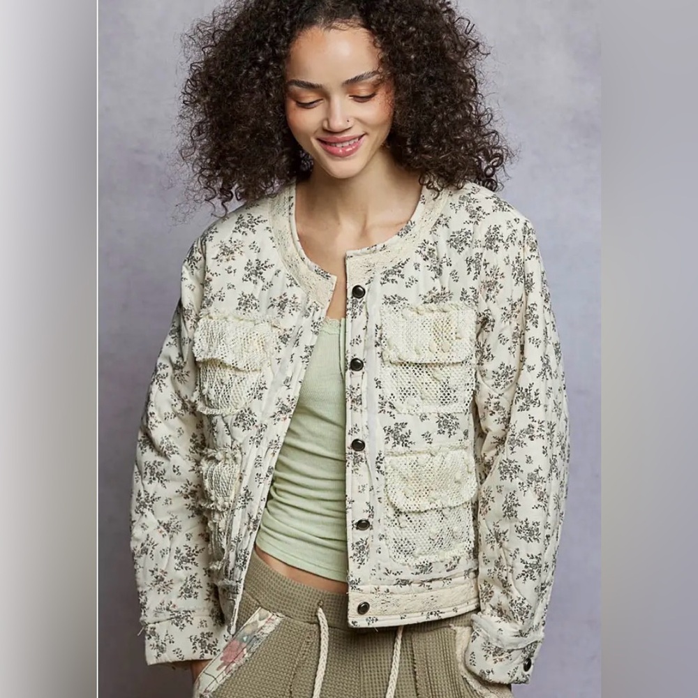 POL Quilted Floral Crochet Pocket Button-Front Women’s Jacket - Cream